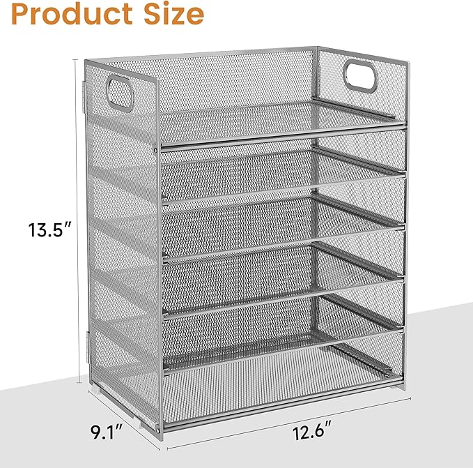 Subekyu 6-Tier Desk Paper Organizer, Desktop File Letter Tray with Handle, Document Sorter and Accessories Holder for Office, Home and School Workspace Organizers, Silver - 2 Pack