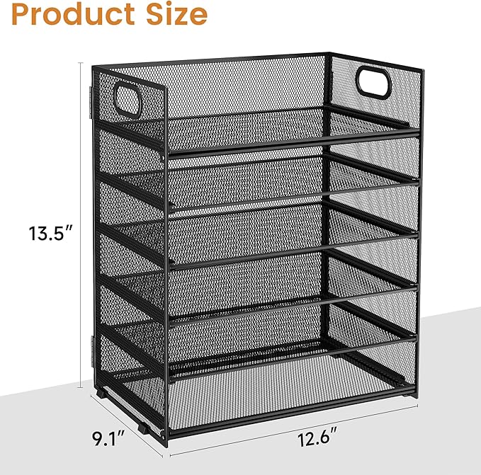 Subekyu 6 Tier Paper File Tray Organizer for Desk, Black Mesh Desk Letter Paper File Folder Accessories Sorter Organizer with Handle, Stackable Slide Tray for Office, Home or School Supplies Storage