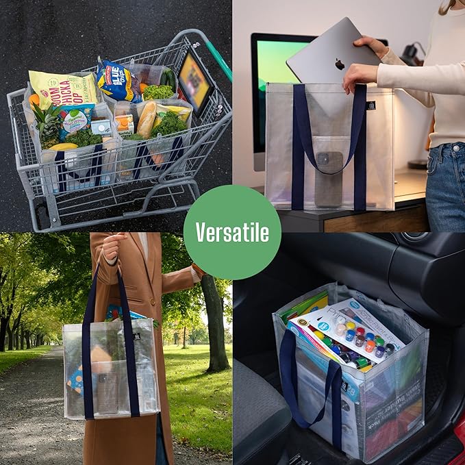VENO 4 Pack Reusable Grocery Bags, Heavy-Duty Shopping Bags with Handles, Bags for Shopping Cart with Hard Bottom to Stand Upright, Foldable, Multi-Purpose(Clear, 4 Pack)