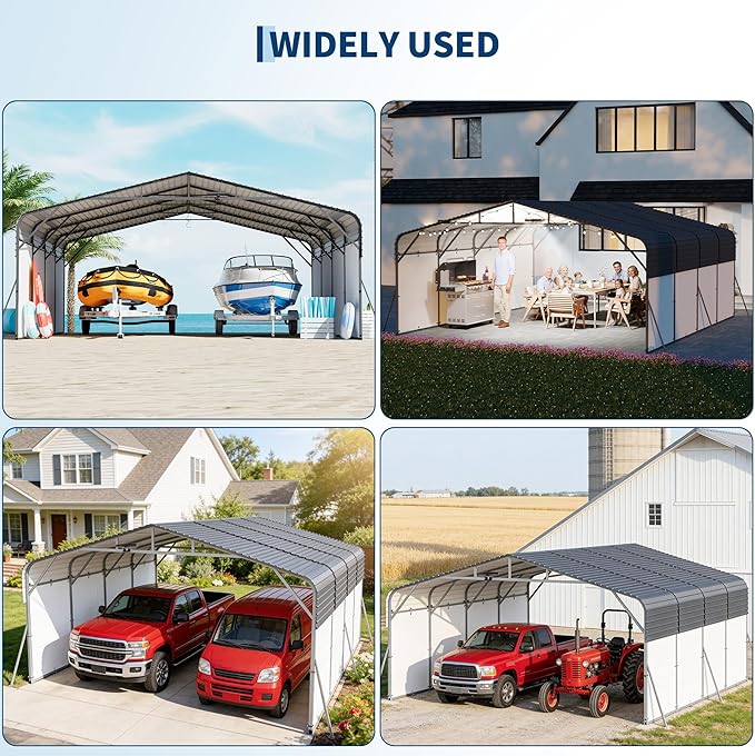 20x20FT Metal Carport w/Led Light,Outdoor Portable Car Garage,Removable PE Sidewalls,Reinforced Base & Galvanized Steel Roof, Outdoor Car Port Canopy Shelter for Boats, Full-Sized Pickup Trucks