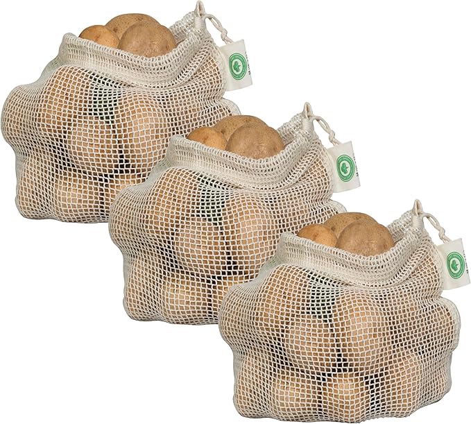 Reusable Mesh Produce Bags made from 100% Organic Cotton - 12"x10", Perfect Reusable Net Vegetable Bags - Washable Fruit, Vegetable & Produce Sacks (3 Medium)