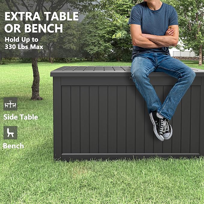 KAMABOKO 230 Gallon Outdoor Storage Box, Resin Deck Boxes Indoor and outdoor, Waterproof Storage Box Lockable Lid for Garden Tools, Package Delivery, Patio Cushions, Black