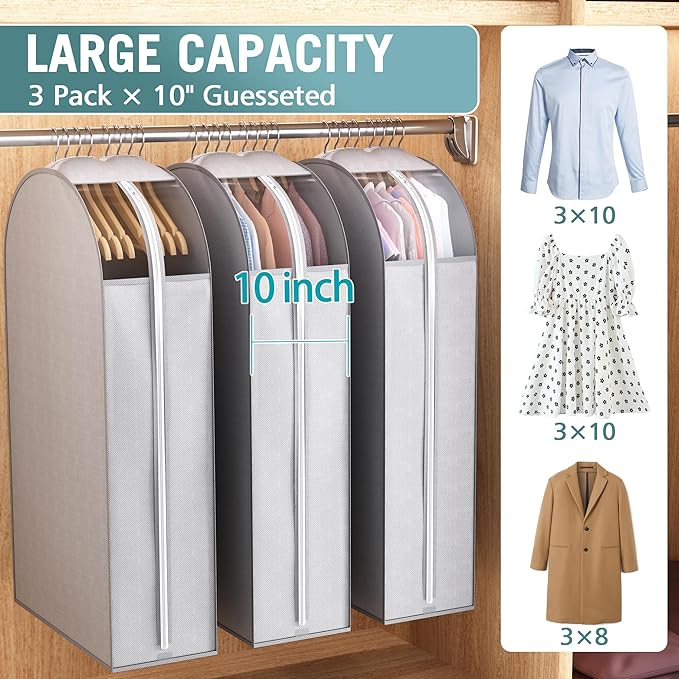 10" Gusseted Garment Bags for Hanging Clothes with Clear Window, 40" Suit Bags for Open Closet Storage, Clothing Cover for Coat, Dress, Jacket, Shirt, Fur Wardrobe Protector, 3 Packs