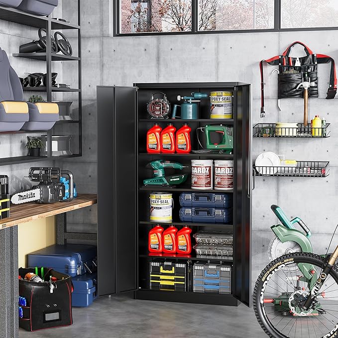 STANI Metal Garage Storage Cabinet with Lock, 71" Steel Lockable File Cabinet, Locking Steel Storage Cabinet with 5 Adjustable Shelves for Home, Office, Warehouse, Garage, School (Black)