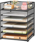 Subekyu 6 Tier Paper File Tray Organizer for Desk, Black Mesh Desk Letter Paper File Folder Accessories Sorter Organizer with Handle, Stackable Slide Tray for Office, Home or School Supplies Storage