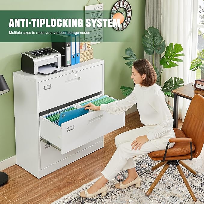 Letaya 3 Drawer File Cabinets with Lock,Metal Lateral Filing Cabinets for Home Office Organization Hanging Storage Letter/Legal/F4/A4(Assembly Required)