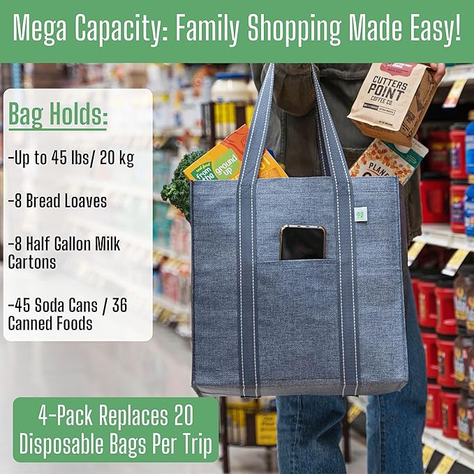 VENO 4 Pack Reusable Grocery Bags, Heavy-Duty Shopping Bags with Handles, Bags for Shopping Cart with Hard Bottom to Stand Upright, Foldable, Multi-Purpose(Gray, 4 Pack)