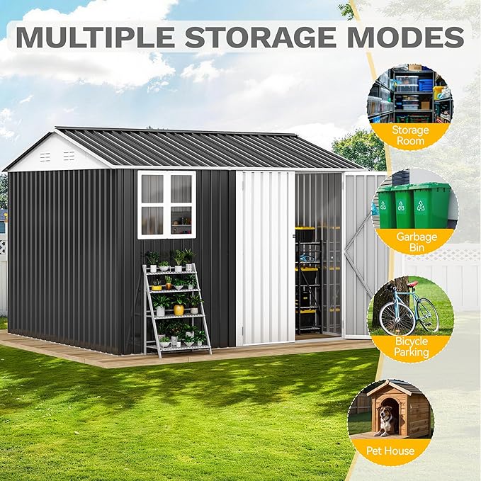 DWVO 10x8ft Large Tool Storage Shed with Window, Lockable Doors, and Sloped Roof, Oversized Steel Outdoor Storage Shed for Garden, Patio, Garage, Backyard, Lawn - Gray & White