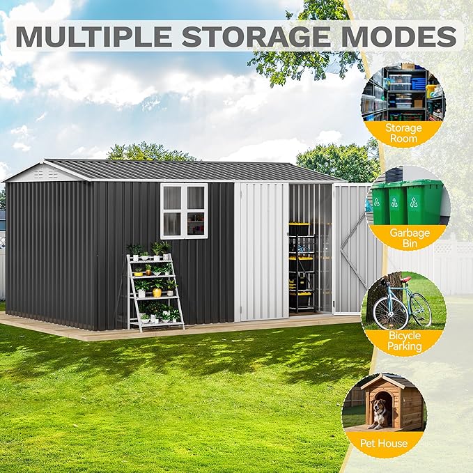 DWVO 12x8ft Large Tool Storage Shed with Window, Lockable Doors, and Sloped Roof, Oversized Steel Outdoor Storage Shed for Garden, Patio, Garage, Backyard, Lawn(Gray + White)