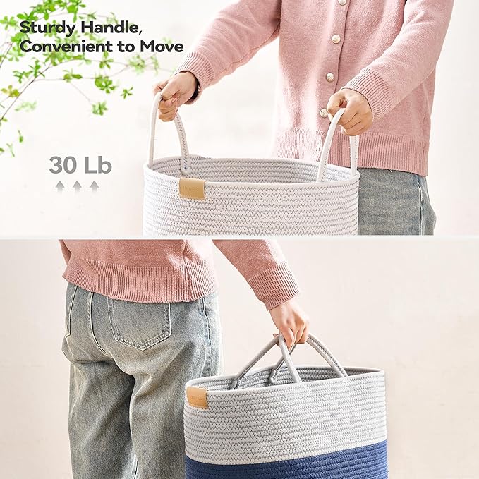 Laundry Hamper 95L,Large Laundry Basket for Clothes,Decorative Storage Basket for Blankets,Cotton Rope Woven basket for bedroom,Navy Blue