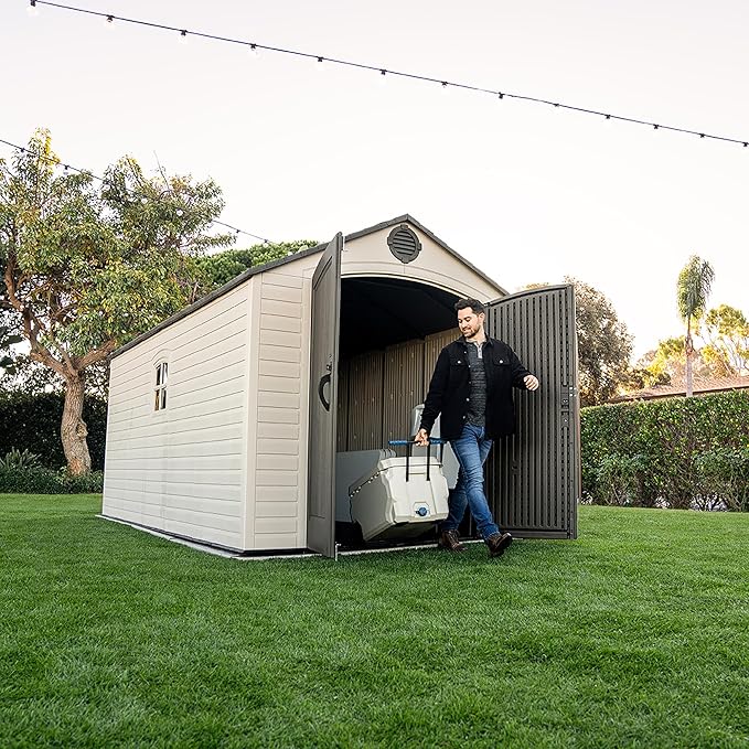 Lifetime Outdoor Storage Shed, 8x15 Ft, Desert Sand, Resin Backyard Tool Shed with Lockable Doors and Weather-Resistant Panels