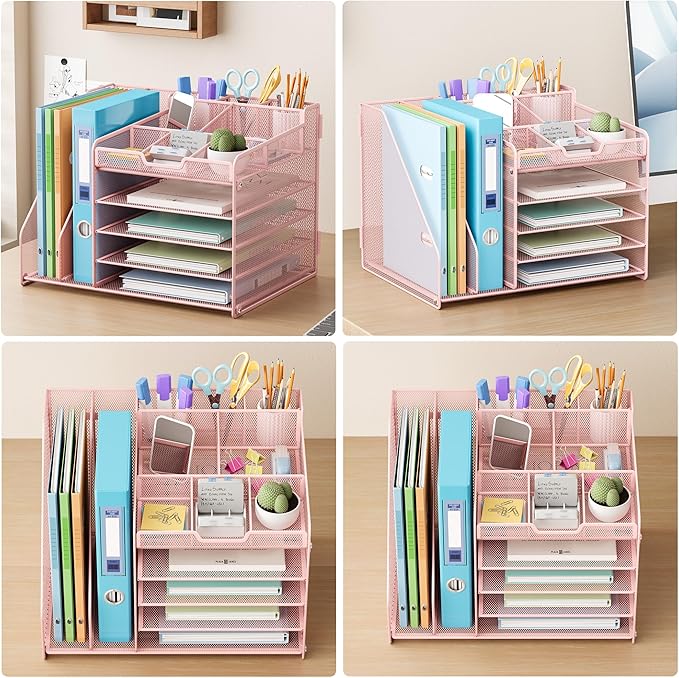 Lavatino 5-Tier Desk Organizer with 2 File Holders, Metal Adjustable Paper Letter Tray for Office or Home Desk Organizers and Accessories | 7 Flexible Dividers Keep Workspace Supplies Neat, Pink