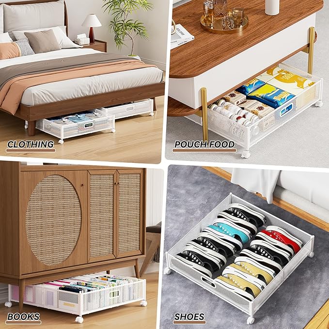 Under Bed Storage Containers with Wheels - Shoe Storage Organizer Drawer, Tool-free Assembly Metal Underbed Storage Containers for Bedroom Clothes, Shoes, Blankets - 2Pack