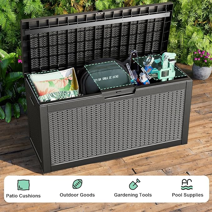 ROJIK Outdoor Storage Housing Deck Box,Waterproof Patio Furniture, Garden Tools, Cushions, Pool Accessories Storage Bench with Lockable Lid and Side Handles (Black,60 Gallon)