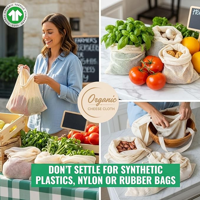 LITO LINEN AND TOWEL Organic Cotton Mesh Produce Bags – Mixed Size Reusable Grocery Bags (12 Pack) | Washable, Lightweight & Breathable Storage for Fruits, Vegetables, Bulk Foods & Zero Waste Living