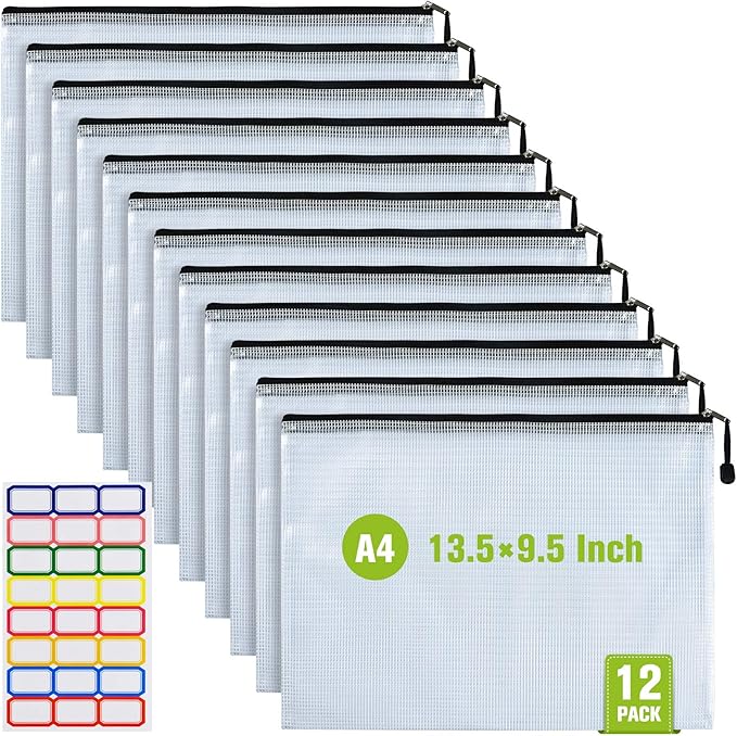 12 Pcs Plastic Mesh Zip File Bags, Waterproof Tear-Resistant Document File Folders, A4 Size Zipper Documents Pouch Document Organizer Bags for School Office Home Travel Storage(13.5×9.5Inch)