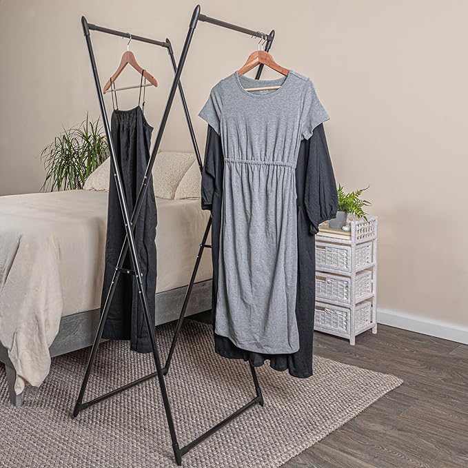 Household Essentials Valet Folding Clothes Rack, Strong Metal X-Frame, Chic Design, Great for Guest and Dressing Rooms, Portable and Easy to Use, Folds Flat, Black