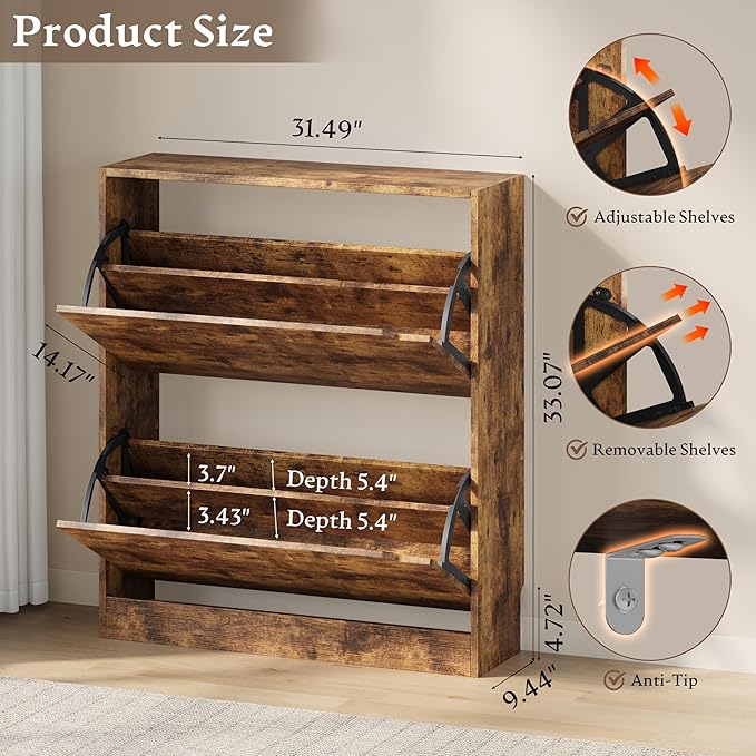 Shoe Cabinet with 2 Flip Drawers, Slim Narrow Shoe Storage Cabinet, Freestanding Shoe Organizer with Adjustable & Removable Shelves, Top Display Shelf for Entryway, Hallway, Foyer, Closet