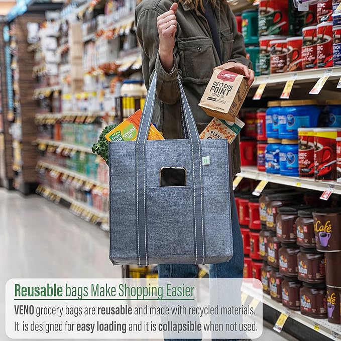 VENO 4 Pack Reusable Grocery Bags, Heavy-Duty Shopping Bags with Handles, Bags for Shopping Cart with Hard Bottom to Stand Upright, Foldable, Multi-Purpose(Gray, 4 Pack)