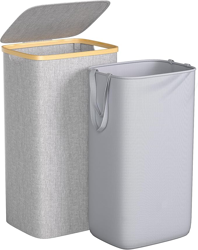 Large Laundry Hamper, 100L Waterproof Laundry Basket with Lid and Removable Bag, Collapsible Tall Clothes Hamper with Bamboo Handles for Clothes Toys in Dorm Bedroom Bathroom, Grey
