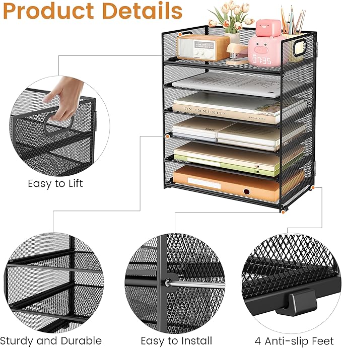 Subekyu 6 Tier Paper File Tray Organizer for Desk, Black Mesh Desk Letter Paper File Folder Accessories Sorter Organizer with Handle, Stackable Slide Tray for Office, Home or School Supplies Storage
