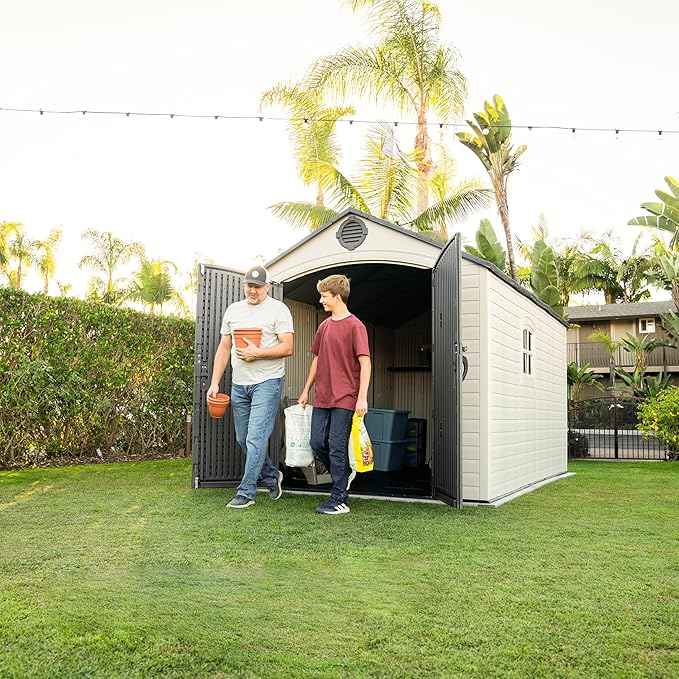 Lifetime Outdoor Storage Shed, 8x15 Ft, Desert Sand, Resin Backyard Tool Shed with Lockable Doors and Weather-Resistant Panels