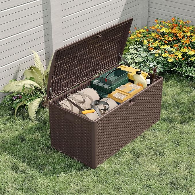 Garvee 99 Gallon Waterproof Large Resin Deck Box Indoor Outdoor, Lockable Storage Container for Patio Furniture Tools, Waterproof Deck Box Patio Storage Bin for Pool Garden, Brown