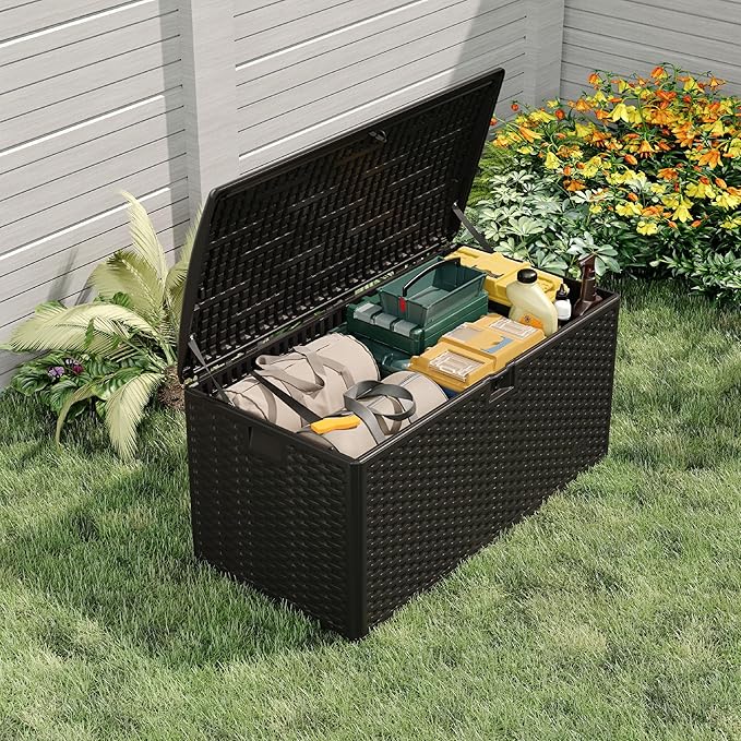 Garvee 99 Gallon Waterproof Large Resin Deck Box Indoor Outdoor, Lockable Storage Container for Patio Furniture Tools, Waterproof Deck Box Patio Storage Bin for Pool Garden, Black