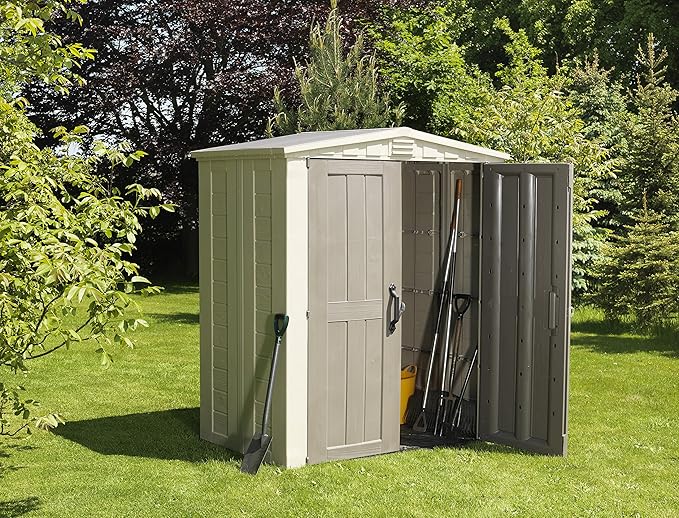 Keter Factor 6x3 Outdoor Storage Shed Kit-Perfect to Store Patio Furniture, Garden Tools Bike Accessories, Beach Chairs and Push Lawn Mower, Taupe & Brown